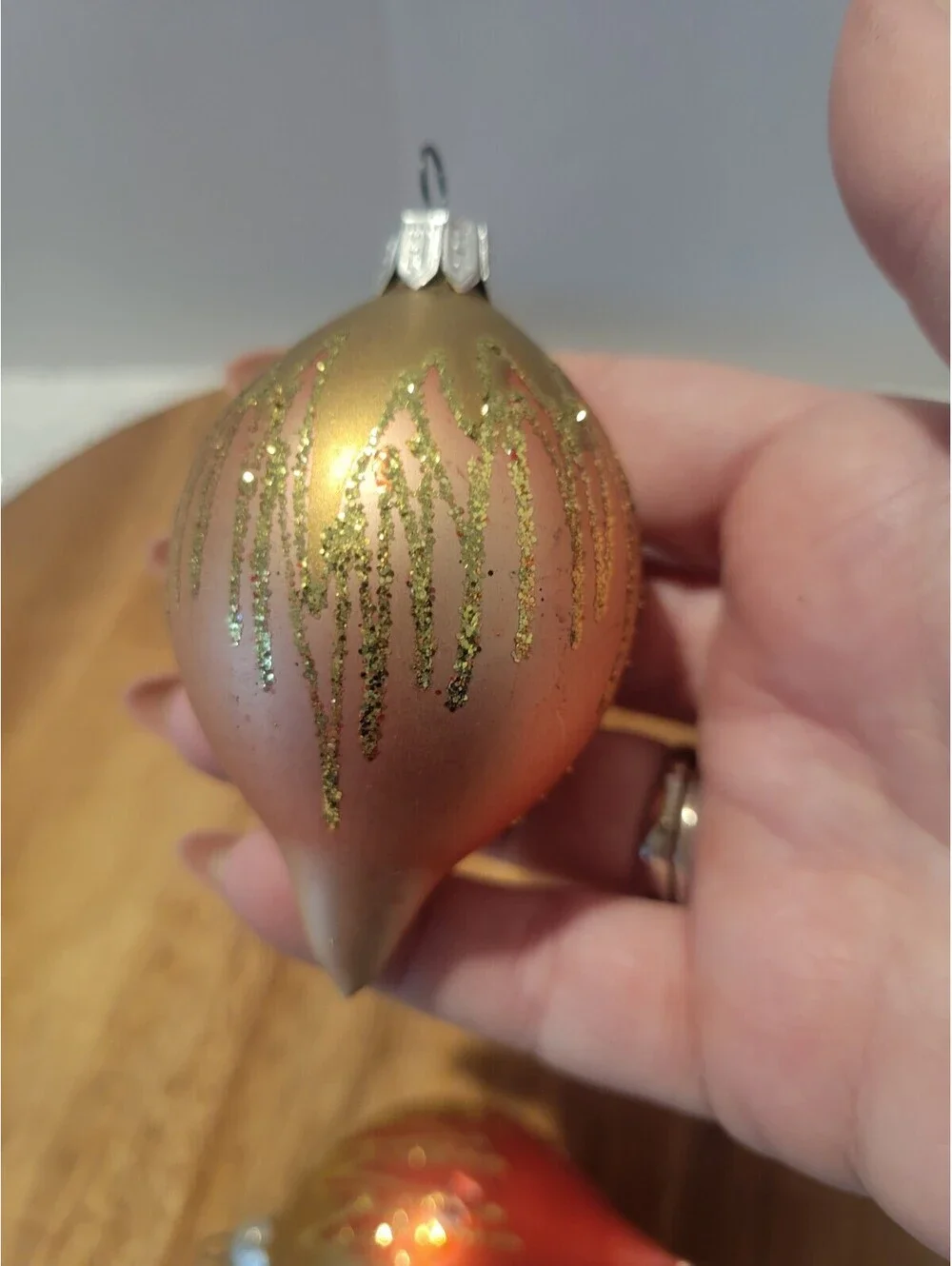2 Vintage Teardrop Blown Glass Hand Painted Mica Glitter Christmas Ornaments 3